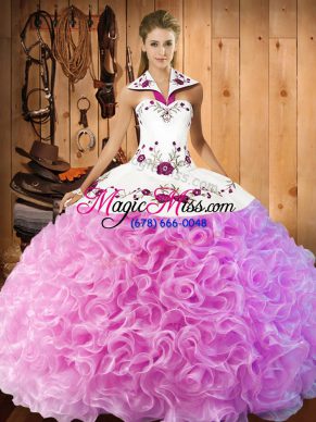 Embroidery 15 Quinceanera Dress Rose Pink Lace Up Sleeveless Floor Length