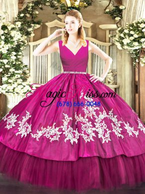 Delicate Fuchsia Ball Gowns Embroidery Quinceanera Dresses Zipper Satin and Tulle Sleeveless Floor Length