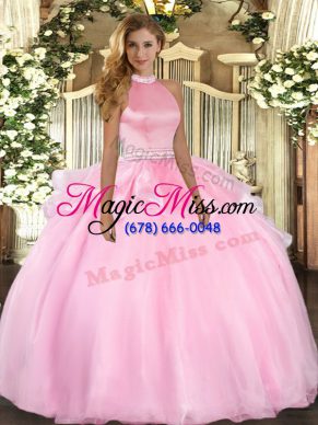 Pretty Pink Ball Gowns Halter Top Sleeveless Tulle Floor Length Backless Beading and Ruffles Sweet 16 Dresses