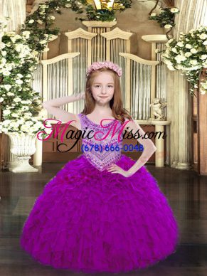 Top Selling Fuchsia Organza Lace Up Scoop Sleeveless Floor Length Pageant Dress Wholesale Beading and Ruffles