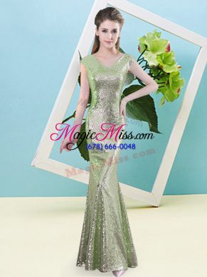 Floor Length Zipper Evening Dress Yellow Green for Prom and Party with Sequins