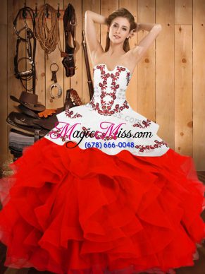 Dynamic Sleeveless Floor Length Embroidery and Ruffles Lace Up 15th Birthday Dress with White And Red