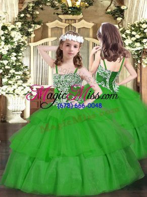 Organza Straps Sleeveless Lace Up Appliques and Ruffled Layers Little Girls Pageant Dress Wholesale in Green