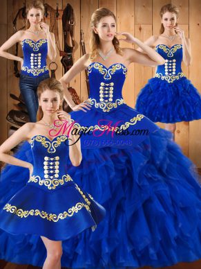 Floor Length Lace Up Ball Gown Prom Dress Blue for Military Ball and Sweet 16 and Quinceanera with Embroidery and Ruffles