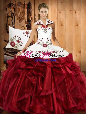 Floor Length Wine Red 15 Quinceanera Dress Halter Top Sleeveless Lace Up
