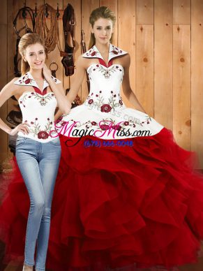 Best Wine Red Two Pieces Satin and Organza Halter Top Sleeveless Embroidery and Ruffles Floor Length Lace Up Vestidos de Quinceanera