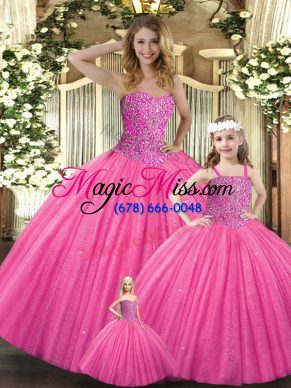 Beading Quinceanera Dresses Hot Pink Lace Up Sleeveless Floor Length