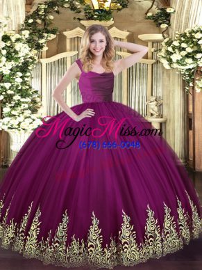 Dynamic Fuchsia Ball Gowns Tulle Straps Sleeveless Lace and Appliques Floor Length Zipper Quinceanera Gown
