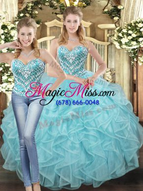 Baby Blue Tulle Lace Up Quinceanera Gown Sleeveless Floor Length Beading and Ruffles