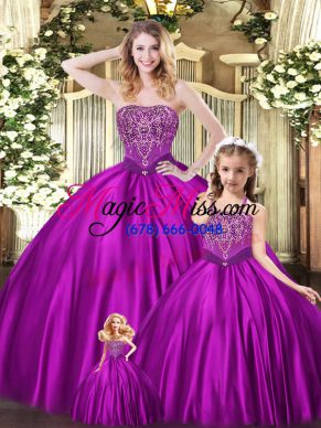 Superior Floor Length Eggplant Purple Quince Ball Gowns Organza Sleeveless Beading