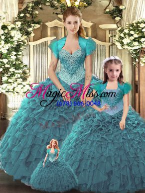 Ball Gowns 15th Birthday Dress Teal Straps Tulle Sleeveless Floor Length Lace Up