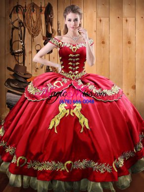 Discount Beading and Embroidery Ball Gown Prom Dress Red Lace Up Sleeveless Floor Length