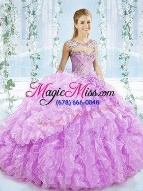 Lilac Ball Gowns Beading and Ruffles Quinceanera Gowns Lace Up Organza Sleeveless
