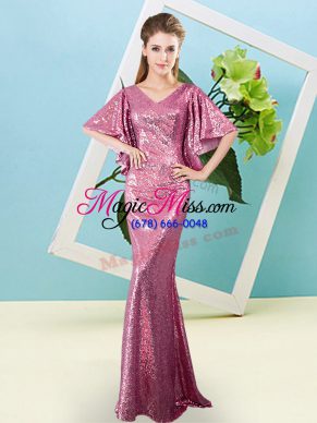 Custom Designed V-neck Half Sleeves Zipper Evening Dress Pink Sequined