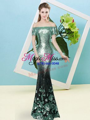 Sequined V-neck Short Sleeves Zipper Sequins Prom Evening Gown in Turquoise