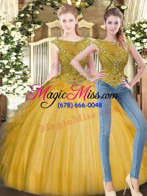 Gold Sleeveless Floor Length Beading and Ruffles Zipper Quinceanera Dresses