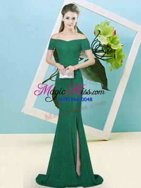 Fantastic Dark Green Dress for Prom Prom and Party with Sequins Off The Shoulder Short Sleeves Sweep Train Zipper