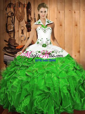 Chic Green Halter Top Neckline Embroidery and Ruffles Quinceanera Gowns Sleeveless Lace Up