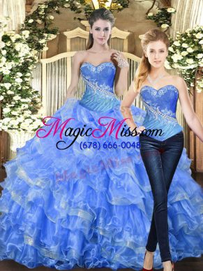Baby Blue Sleeveless Floor Length Beading and Ruffles Lace Up Sweet 16 Quinceanera Dress