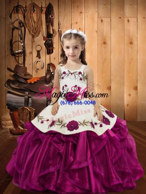 Fantastic Straps Sleeveless Little Girl Pageant Gowns Floor Length Embroidery and Ruffles Fuchsia Organza