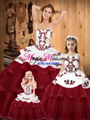 Wonderful Wine Red Organza Lace Up Strapless Sleeveless Sweet 16 Dress Sweep Train Embroidery