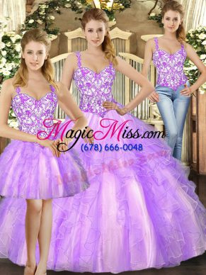 Lilac Quince Ball Gowns Military Ball and Sweet 16 and Quinceanera with Beading and Ruffles Straps Sleeveless Lace Up