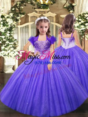 Lavender Ball Gowns Straps Sleeveless Tulle Floor Length Lace Up Beading Glitz Pageant Dress