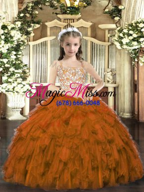 Dazzling Sleeveless Floor Length Beading and Ruffles Lace Up Little Girls Pageant Gowns with Brown