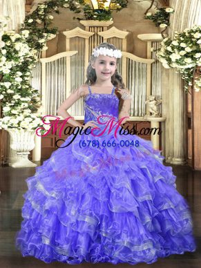 Stylish Lavender Sleeveless Beading and Ruffled Layers Floor Length Pageant Gowns For Girls