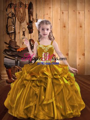 Customized Gold Straps Neckline Embroidery and Ruffles Pageant Dress for Teens Sleeveless Lace Up