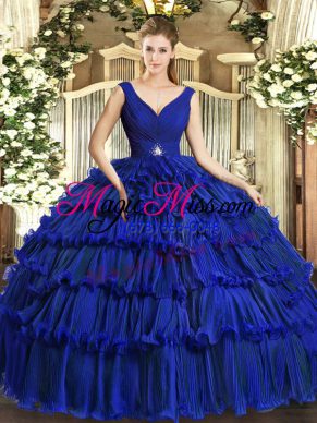 Great Beading and Ruffled Layers Quinceanera Dress Royal Blue Backless Sleeveless Floor Length