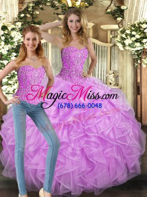 Lilac Sweet 16 Quinceanera Dress Military Ball and Sweet 16 and Quinceanera with Beading and Ruffles Sweetheart Sleeveless Lace Up