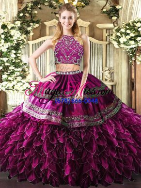 Custom Design Floor Length Zipper Sweet 16 Dress Fuchsia for Military Ball and Sweet 16 and Quinceanera with Beading and Ruffles