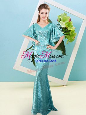 Modern Aqua Blue Zipper Prom Gown Sequins Half Sleeves Floor Length