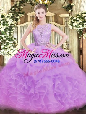 Lilac Ball Gowns Lace and Ruffles Quinceanera Dress Backless Organza Sleeveless Floor Length