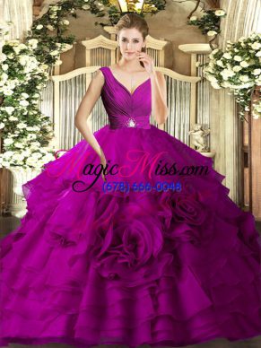 Free and Easy Fuchsia Organza Backless V-neck Sleeveless Floor Length Quinceanera Dress Beading and Ruching