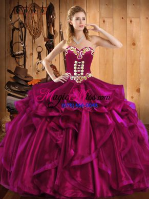 Custom Design Sweetheart Sleeveless Sweet 16 Dresses Floor Length Embroidery and Ruffles Fuchsia Organza