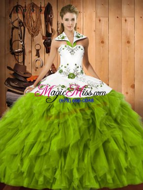 Olive Green Satin and Organza Lace Up Halter Top Sleeveless Floor Length 15th Birthday Dress Embroidery and Ruffles