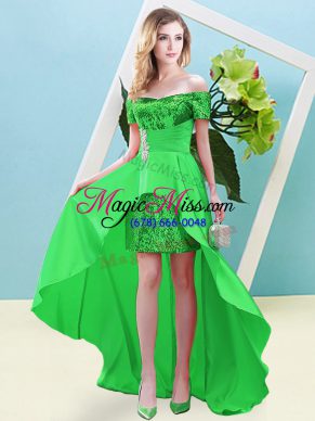 Sumptuous Green Empire Elastic Woven Satin and Sequined Off The Shoulder Short Sleeves Beading High Low Lace Up Prom Gown
