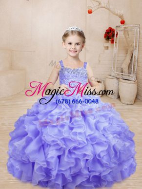 Floor Length Lavender Winning Pageant Gowns Organza Sleeveless Beading and Ruffles