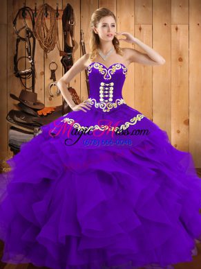High End Purple Lace Up Sweetheart Embroidery and Ruffles Sweet 16 Dresses Satin and Organza Sleeveless