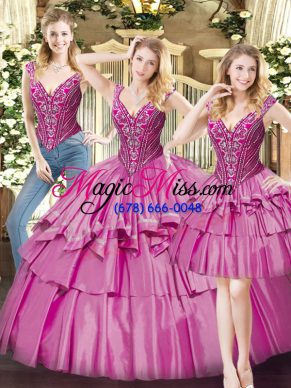 Beading and Ruffled Layers 15 Quinceanera Dress Fuchsia Lace Up Sleeveless Floor Length