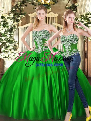 Custom Designed Green Two Pieces Sweetheart Sleeveless Organza Floor Length Lace Up Beading and Ruffles 15th Birthday Dress