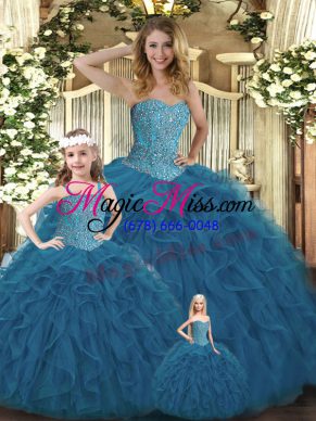 Teal Sweetheart Lace Up Beading and Ruffles Quince Ball Gowns Sleeveless