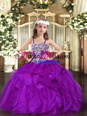 Cheap Floor Length Purple Pageant Dress Straps Sleeveless Lace Up