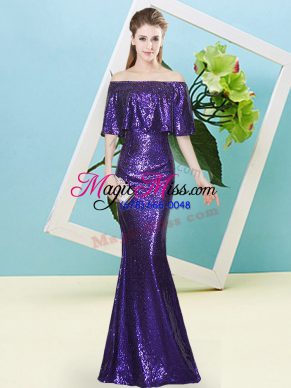 Great Floor Length Mermaid Half Sleeves Purple Prom Dresses Zipper
