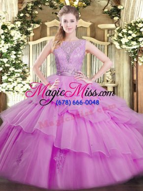 New Style Lilac Organza Backless Quince Ball Gowns Sleeveless Floor Length Lace and Ruffled Layers