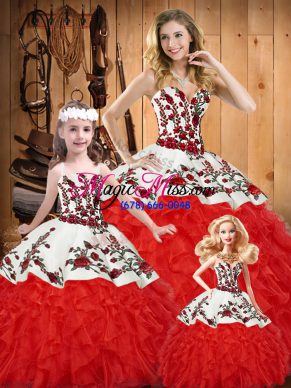 Luxurious Floor Length Lace Up Sweet 16 Dress White And Red for Military Ball and Sweet 16 and Quinceanera with Embroidery and Ruffles