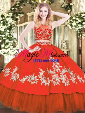Fashionable Red Zipper Scoop Beading and Appliques Quinceanera Dresses Tulle Sleeveless