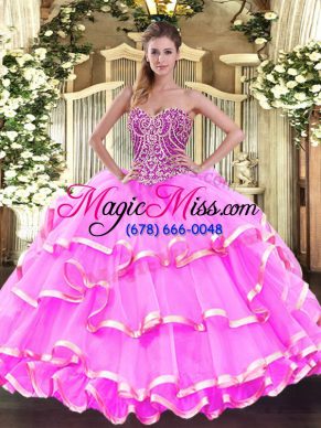 Superior Floor Length Rose Pink Ball Gown Prom Dress Organza Sleeveless Beading and Ruffled Layers